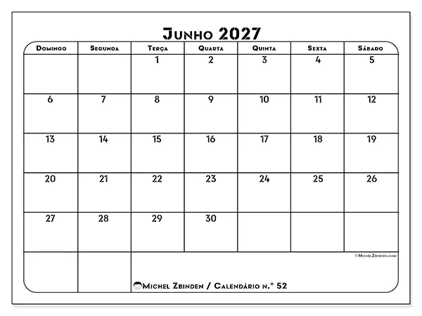 Calendário de junho de 2027 para imprimir - Organização profissional - Semana: de domingo a sábado