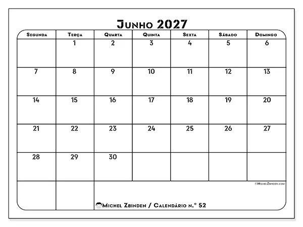 Calendário de junho de 2027 para imprimir - Organização profissional
