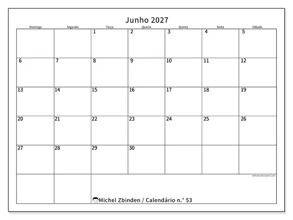 Calendário de junho de 2027 para imprimir - Horário eficiente - Semana: de domingo a sábado