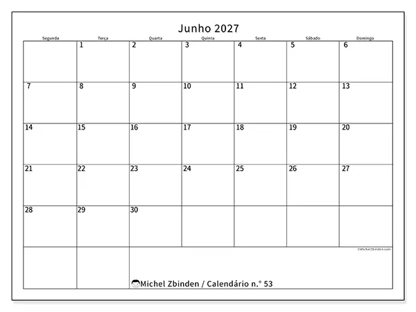 Calendário de junho de 2027 para imprimir - Horário eficiente