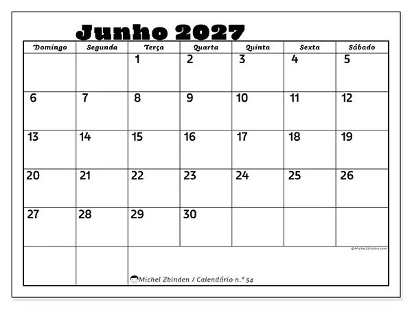 Calendário de junho de 2027 para imprimir - Atividades em família - Semana: de domingo a sábado