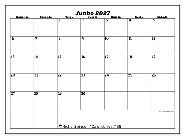 Calendário de junho de 2027 para imprimir - Organização do lazer - Semana: de domingo a sábado