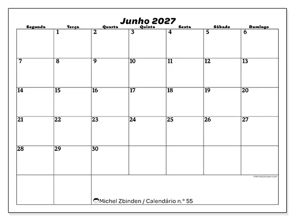 Calendário de junho de 2027 para imprimir - Organização do lazer