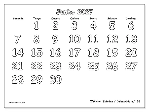 Calendário de junho de 2027 para imprimir - Colorir útil