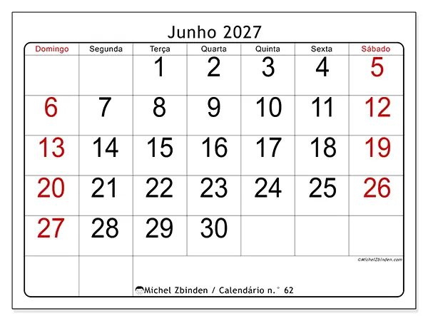 Calendário de junho de 2027 para imprimir - Leitura rápida - Semana: de domingo a sábado