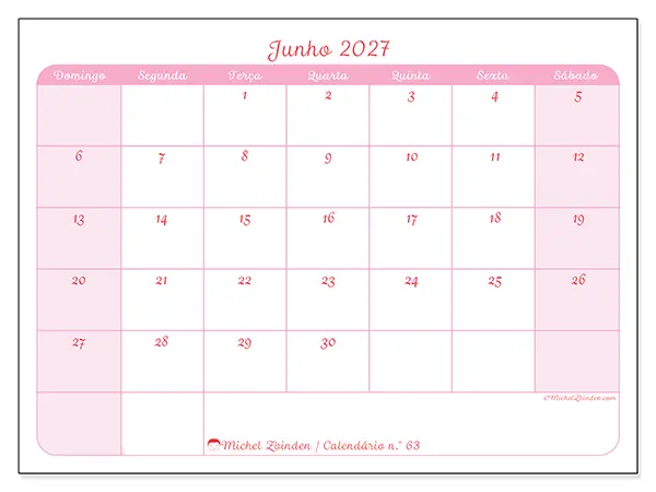 Calendário de junho de 2027 para imprimir - Organização suave - Semana: de domingo a sábado