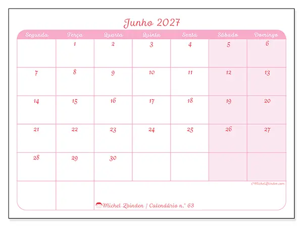 Calendário de junho de 2027 para imprimir - Organização suave