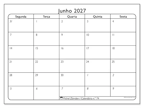 Calendário de junho de 2027 para imprimir - Organização do trabalho