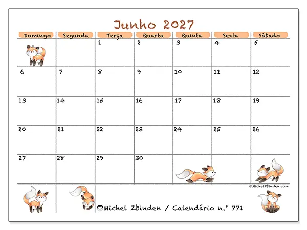 Calendário de junho de 2027 para imprimir - Desenhos de raposas - Semana: de domingo a sábado