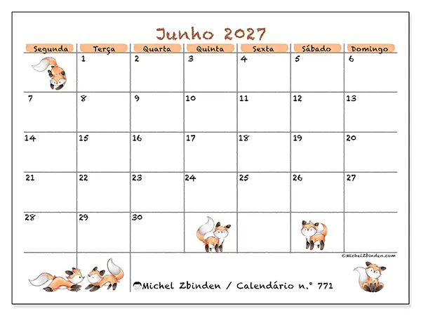 Calendário de junho de 2027 para imprimir - Desenhos de raposas