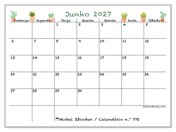 Calendário de junho de 2027 para imprimir - Cactos decorativos - Semana: de domingo a sábado