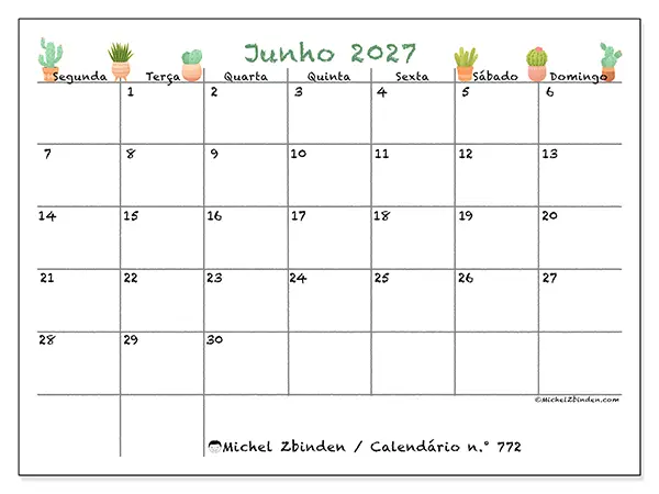 Calendário de junho de 2027 para imprimir - Cactos decorativos