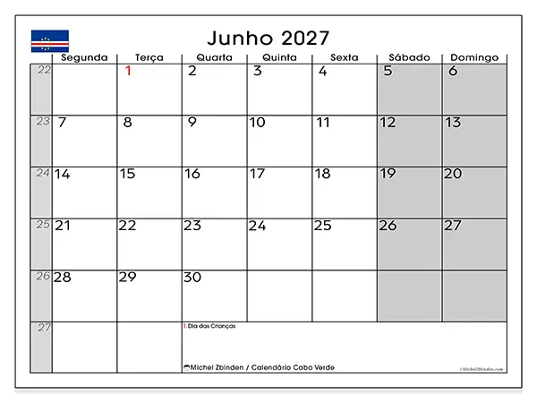 Calendário de junho de 2027 para imprimir - Cabo Verde