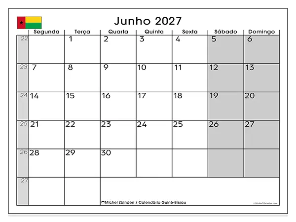 Calendário de junho de 2027 para imprimir - Guiné-Bissau