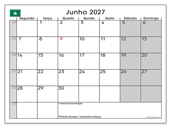 Calendário de junho de 2027 para imprimir - Macau