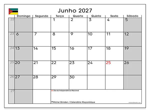 Calendário de junho de 2027 para imprimir - Moçambique