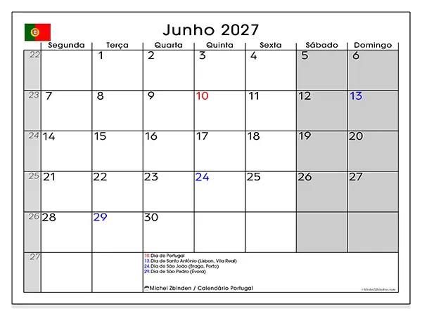Calendário de junho de 2027 para imprimir - Portugal