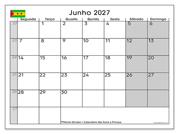 Calendário de junho de 2027 para imprimir - São Tomé e Príncipe