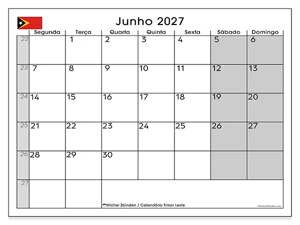 Calendário de junho de 2027 para imprimir - Timor Leste