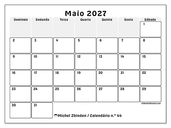 Calendário de maio de 2027 para imprimir - Planeamento estruturado - Semana: de domingo a sábado