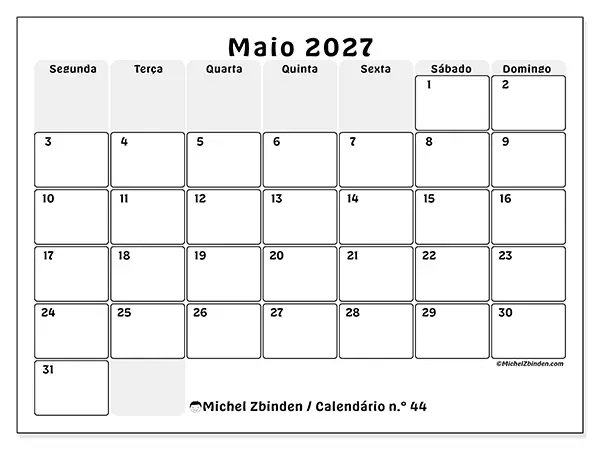 Calendário de maio de 2027 para imprimir - Planeamento estruturado