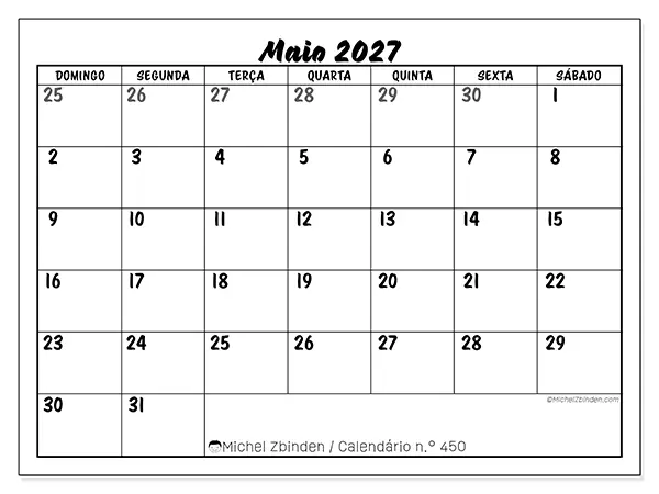 Calendário de maio de 2027 para imprimir - Organização detalhada - Semana: de domingo a sábado