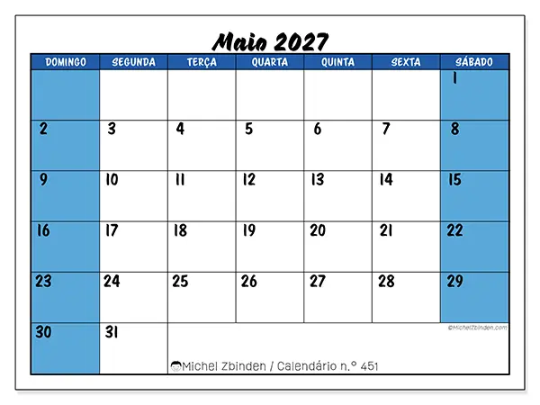 Calendário de maio de 2027 para imprimir - Organização dinâmica - Semana: de domingo a sábado