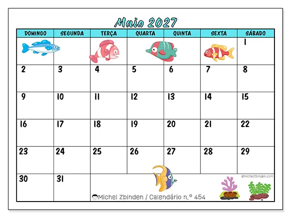 Calendário de maio de 2027 para imprimir - Peixes coloridos - Semana: de domingo a sábado