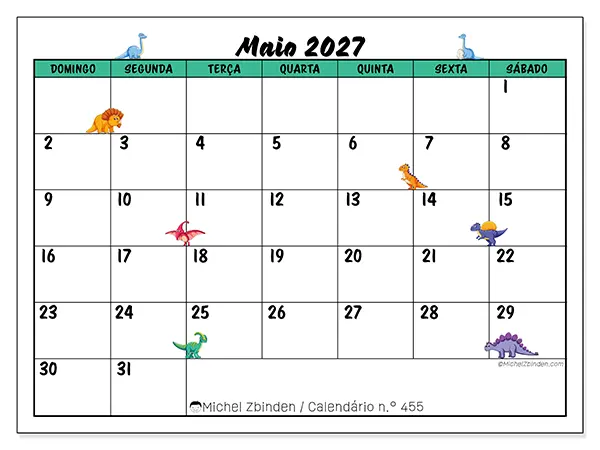 Calendário de maio de 2027 para imprimir - Pequenos dinossauros - Semana: de domingo a sábado