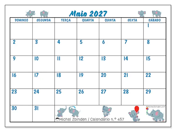 Calendário de maio de 2027 para imprimir - Pequenos elefantes - Semana: de domingo a sábado