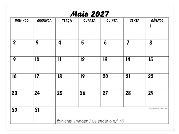 Calendário de maio de 2027 para imprimir - Sucesso escolar - Semana: de domingo a sábado