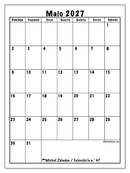 Calendário de maio de 2027 para imprimir - Planeamento eficiente - Semana: de domingo a sábado