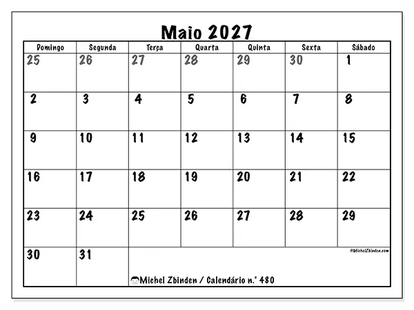 Calendário de maio de 2027 para imprimir - Planeamento completo - Semana: de domingo a sábado