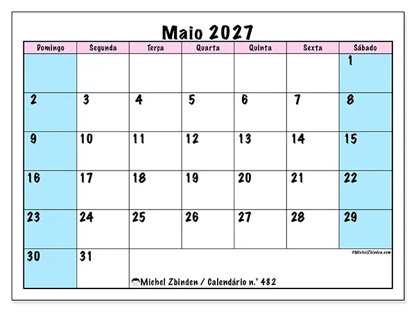 Calendário de maio de 2027 para imprimir - Horário de equipa - Semana: de domingo a sábado