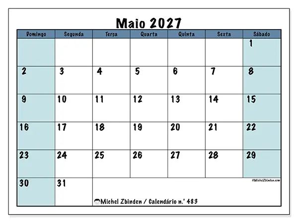 Calendário de maio de 2027 para imprimir - Estrutura para a escola - Semana: de domingo a sábado
