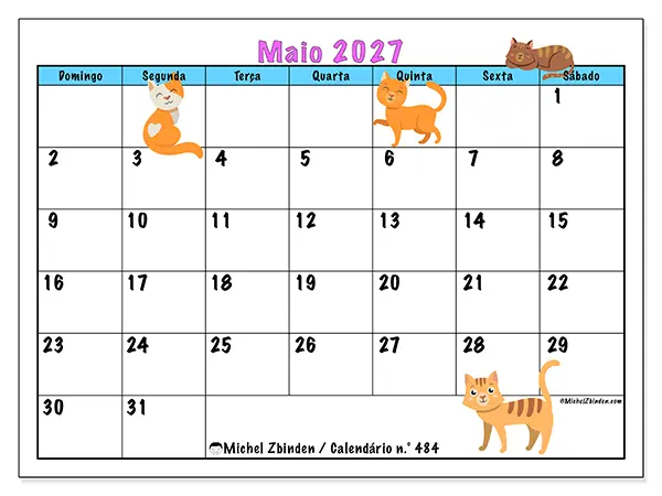 Calendário de maio de 2027 para imprimir - Amor pelos gatos - Semana: de domingo a sábado