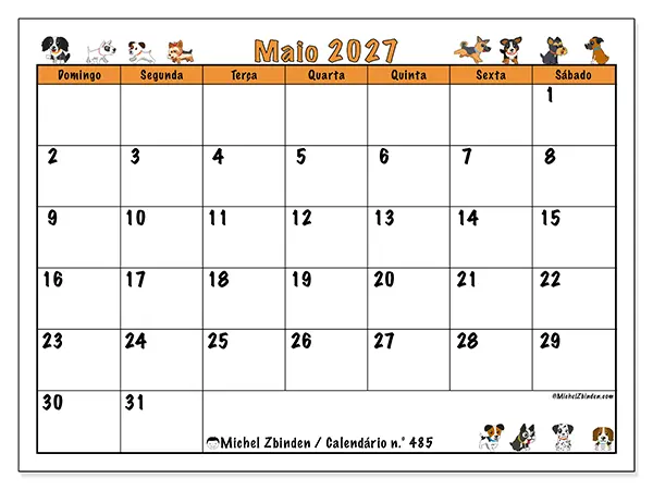 Calendário de maio de 2027 para imprimir - Cães entusiasmados - Semana: de domingo a sábado