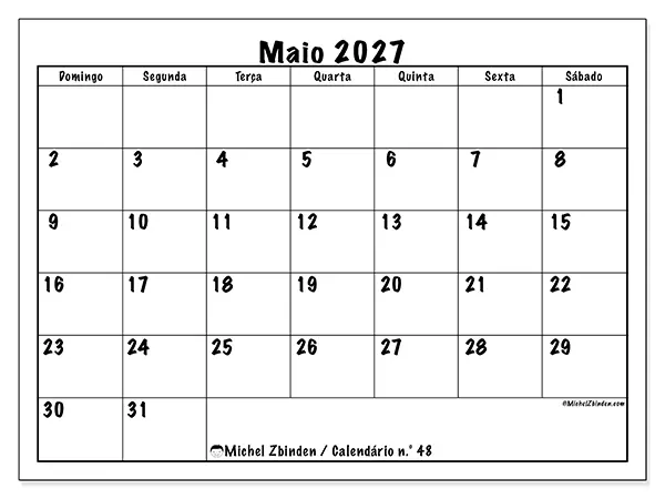 Calendário de maio de 2027 para imprimir - Eficiência diária - Semana: de domingo a sábado