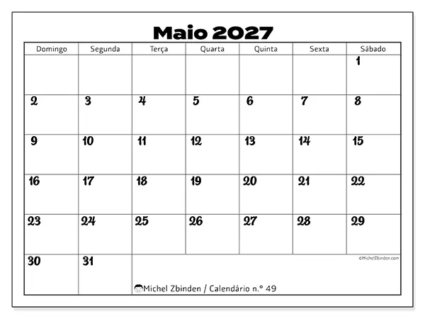 Calendário de maio de 2027 para imprimir - Coordenação produtiva - Semana: de domingo a sábado