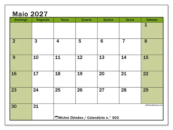 Calendário de maio de 2027 para imprimir - Organização viva - Semana: de domingo a sábado