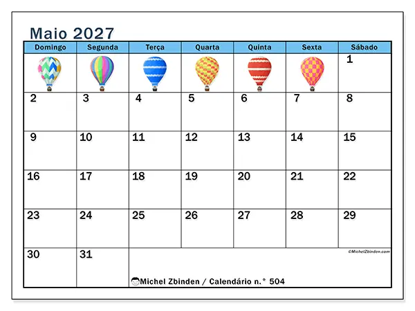 Calendário de maio de 2027 para imprimir - Balões de ar quente - Semana: de domingo a sábado
