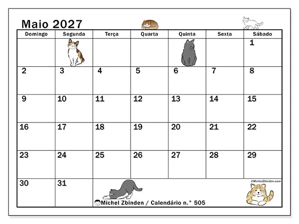 Calendário de maio de 2027 para imprimir - Vida de gato - Semana: de domingo a sábado