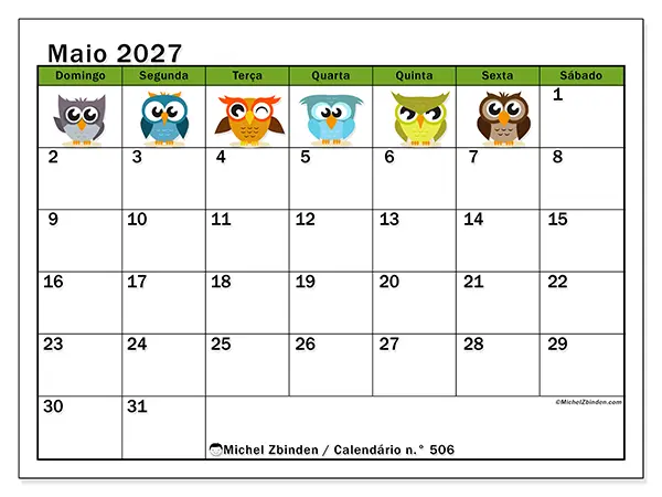 Calendário de maio de 2027 para imprimir - Corujas divertidas - Semana: de domingo a sábado