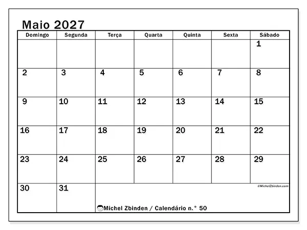Calendário de maio de 2027 para imprimir - Planeamento ideal - Semana: de domingo a sábado
