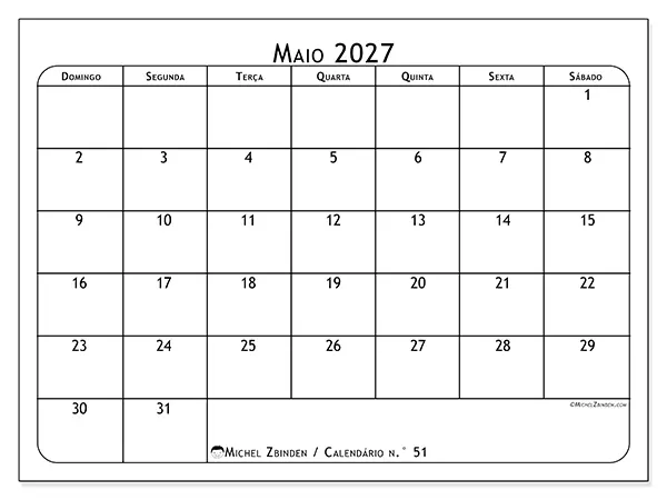 Calendário de maio de 2027 para imprimir - Planeador de refeições - Semana: de domingo a sábado