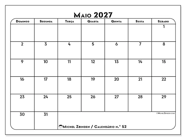 Calendário de maio de 2027 para imprimir - Organização profissional - Semana: de domingo a sábado