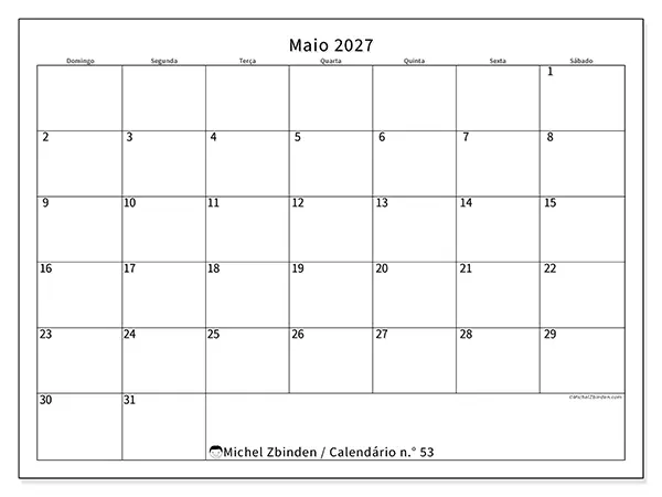 Calendário de maio de 2027 para imprimir - Horário eficiente - Semana: de domingo a sábado