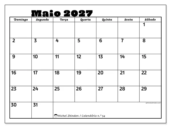 Calendário de maio de 2027 para imprimir - Atividades em família - Semana: de domingo a sábado