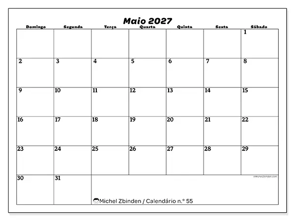 Calendário de maio de 2027 para imprimir - Organização do lazer - Semana: de domingo a sábado