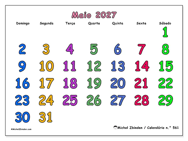 Calendário de maio de 2027 para imprimir - Momentos criativos - Semana: de domingo a sábado